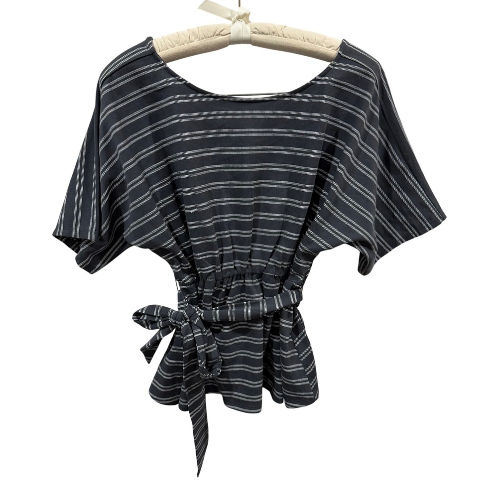 Doe and Rae Black White Striped Dolman Sleeve Tie Waist Peplum Top Small
